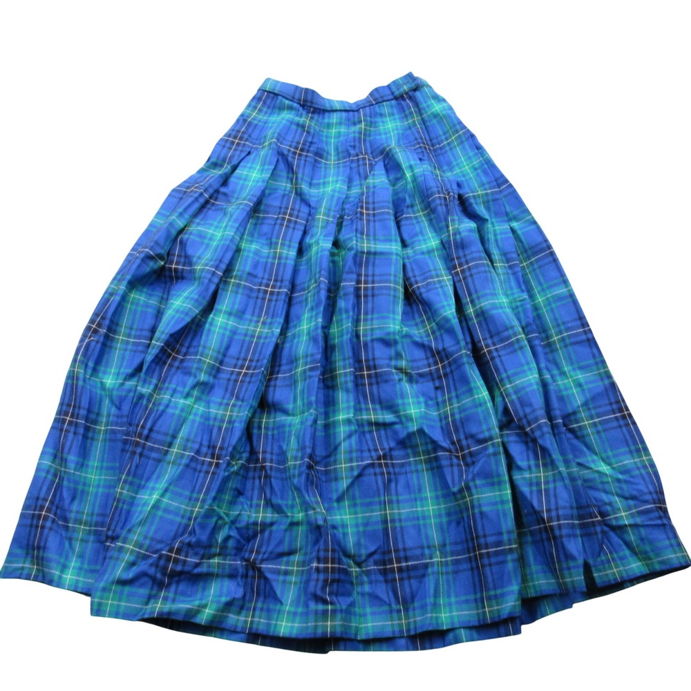 Pendleton Plaid‎ Wool Pleated Midi Skirt Blue Green Women Size 2